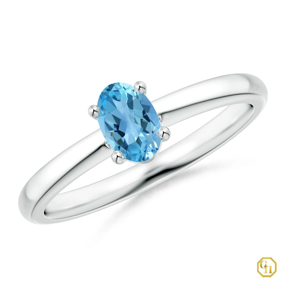 925 Sterling silver Classic Solitaire Oval Swiss Blue Topaz Promise Ring | November Birthstone Ring