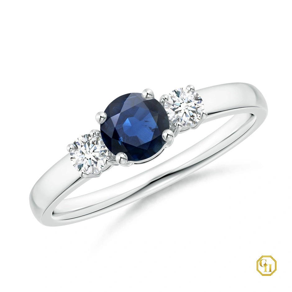 10k Gold Blue Stone Sapphire and Diamond Ring Three Stone Engagement Birthstone Ring, Moissanite Ring
