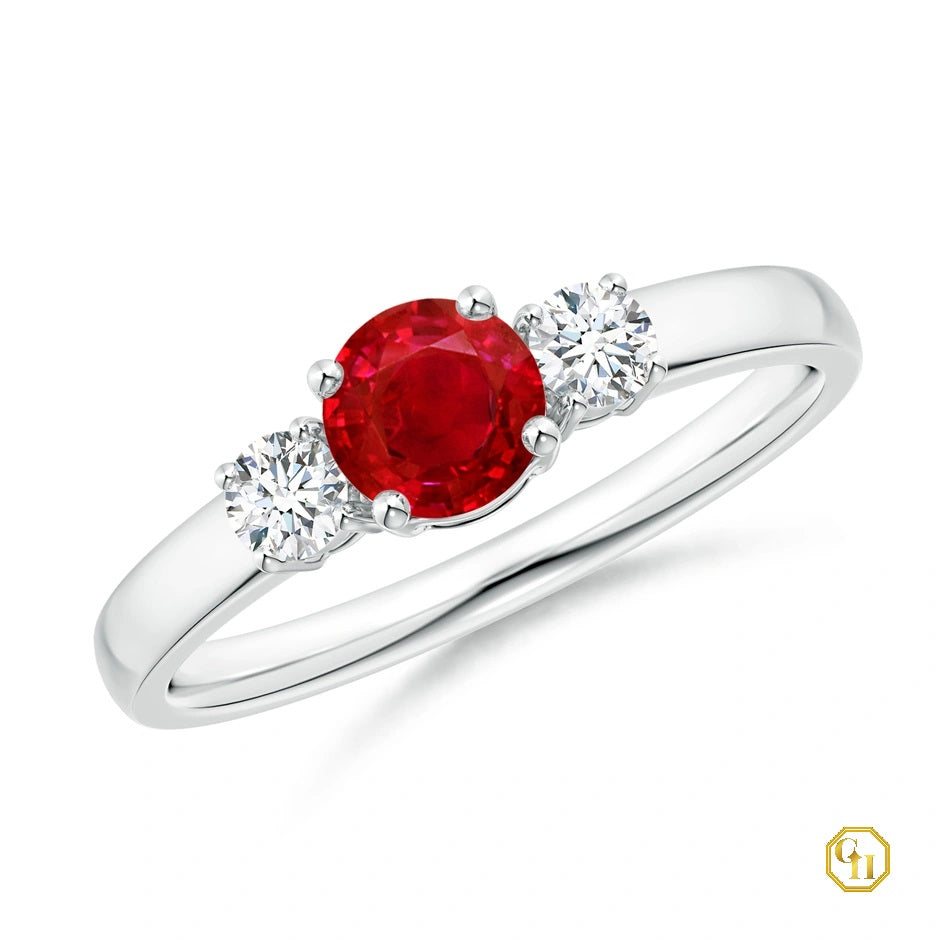 10k Gold Ruby and Diamond Ring Three Stone Engagement Birthstone Ring, Moissanite Ring