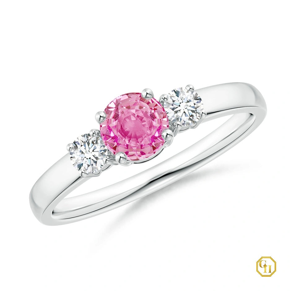 18k Gold Pink Stone Ring Sapphire and Diamond Ring Three Stone Engagement Birthstone Ring, Moissanite Ring