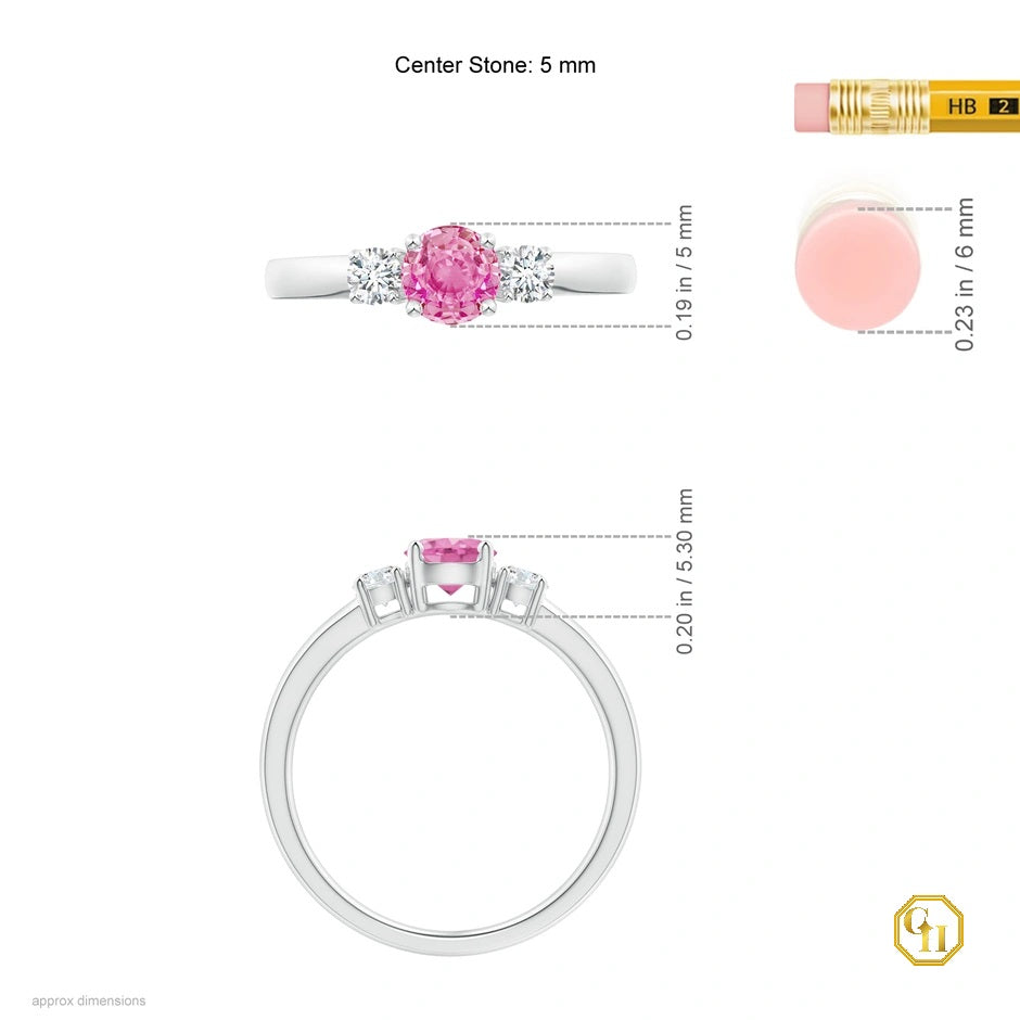 18k Gold Pink Stone Ring Sapphire and Diamond Ring Three Stone Engagement Birthstone Ring, Moissanite Ring