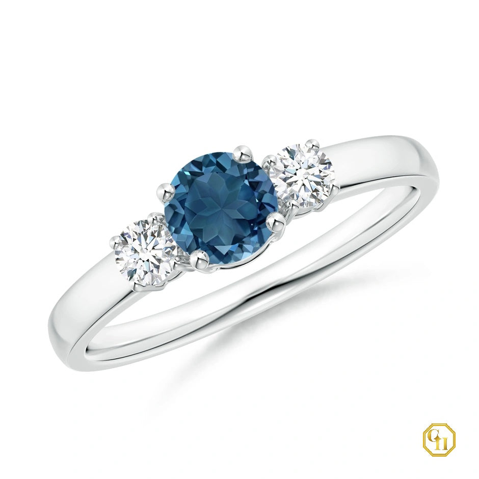 10k Gold London Blue Topaz and Diamond Ring Three Stone Engagement Birthstone Ring, Moissanite Ring