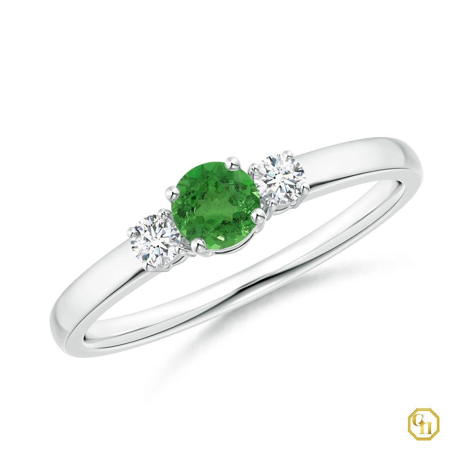 10k Rose Gold Tsavorite and Diamond Ring Three Stone Engagement Birthstone Ring, Moissanite Ring
