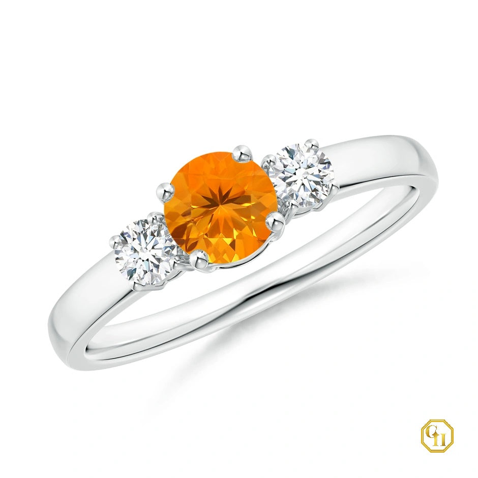 18k Gold Fire Opal and Diamond Ring Three Stone Engagement Birthstone Ring, Moissanite Ring
