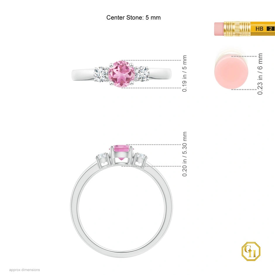 10k Gold Pink Tourmaline and Diamond Ring Three Stone Engagement Birthstone Ring, Moissanite Ring