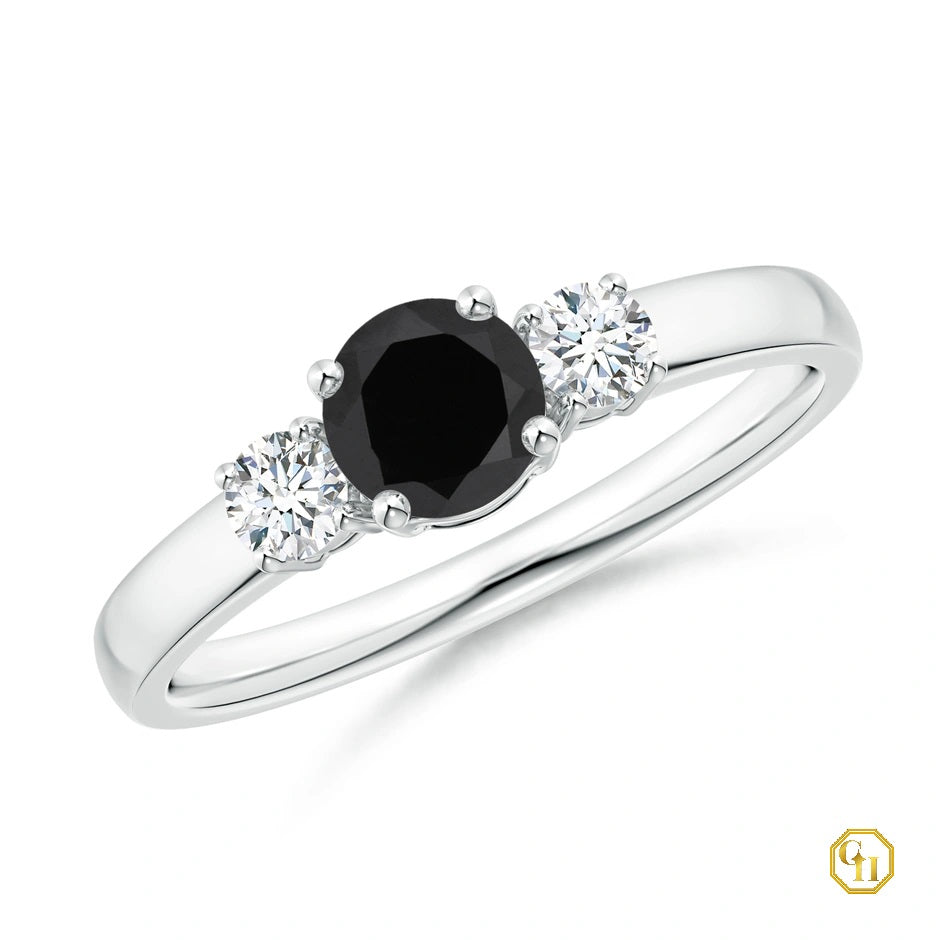 10k Rose Gold Ring Black Onyx and Diamond Ring Three Stone Engagement Birthstone Ring, Moissanite Ring
