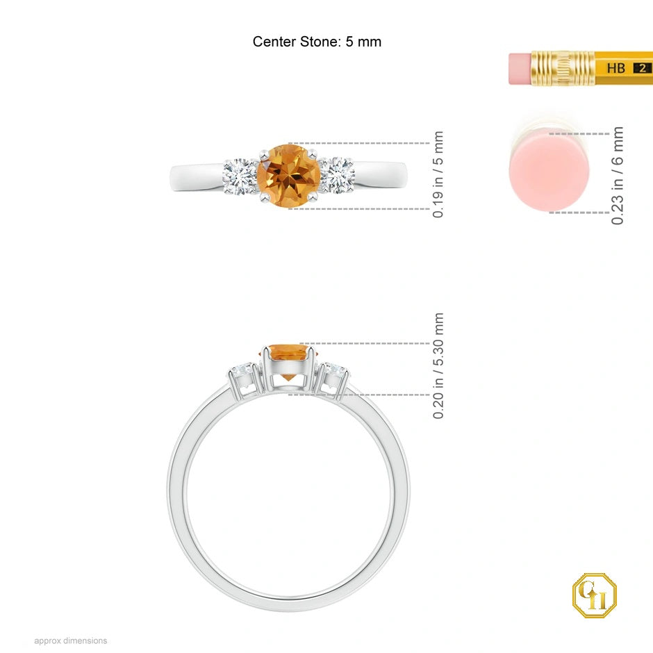 14k Caret Rose Gold Ring, Silver Citrine and Diamond Ring Three Stone Engagement Birthstone Ring, Moissanite Ring