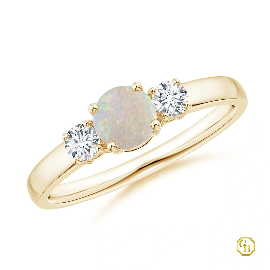 14k Rose Gold Ring Opal and Diamond Ring Three Stone Engagement Birthstone Ring, Moissanite Ring