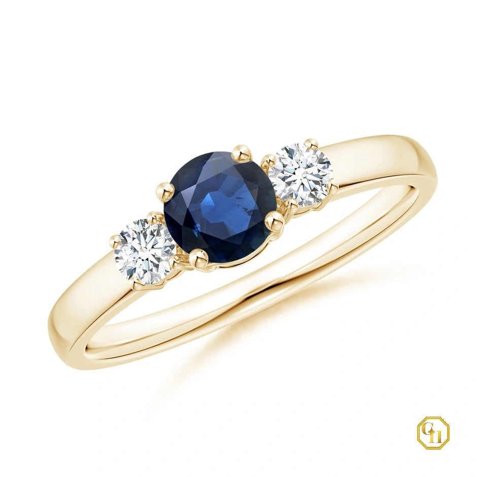10k Gold Blue Stone Sapphire and Diamond Ring Three Stone Engagement Birthstone Ring, Moissanite Ring