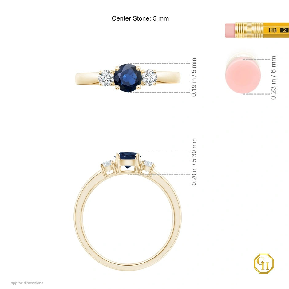 10k Gold Blue Stone Sapphire and Diamond Ring Three Stone Engagement Birthstone Ring, Moissanite Ring