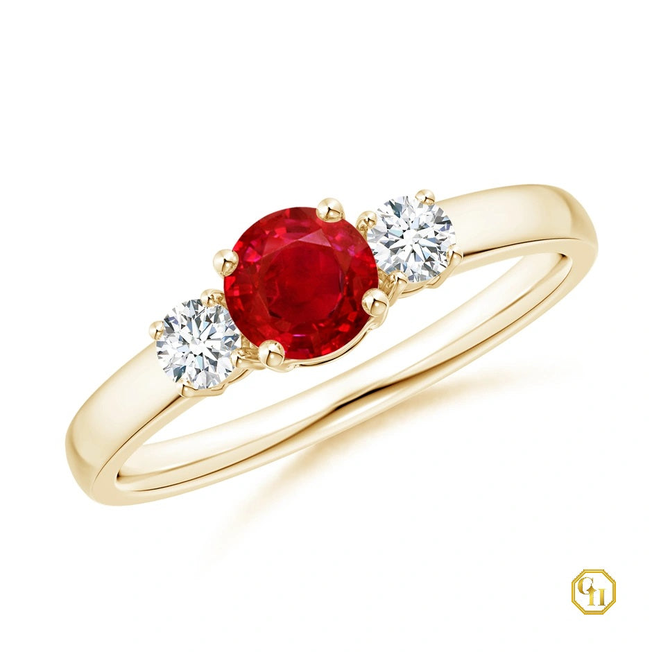 10k Gold Ruby and Diamond Ring Three Stone Engagement Birthstone Ring, Moissanite Ring