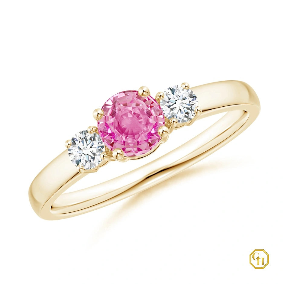 18k Gold Pink Stone Ring Sapphire and Diamond Ring Three Stone Engagement Birthstone Ring, Moissanite Ring