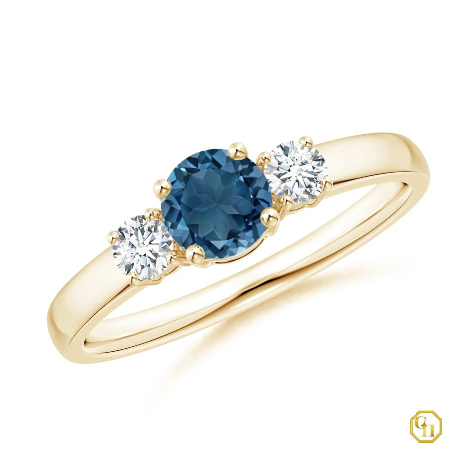 10k Gold London Blue Topaz and Diamond Ring Three Stone Engagement Birthstone Ring, Moissanite Ring