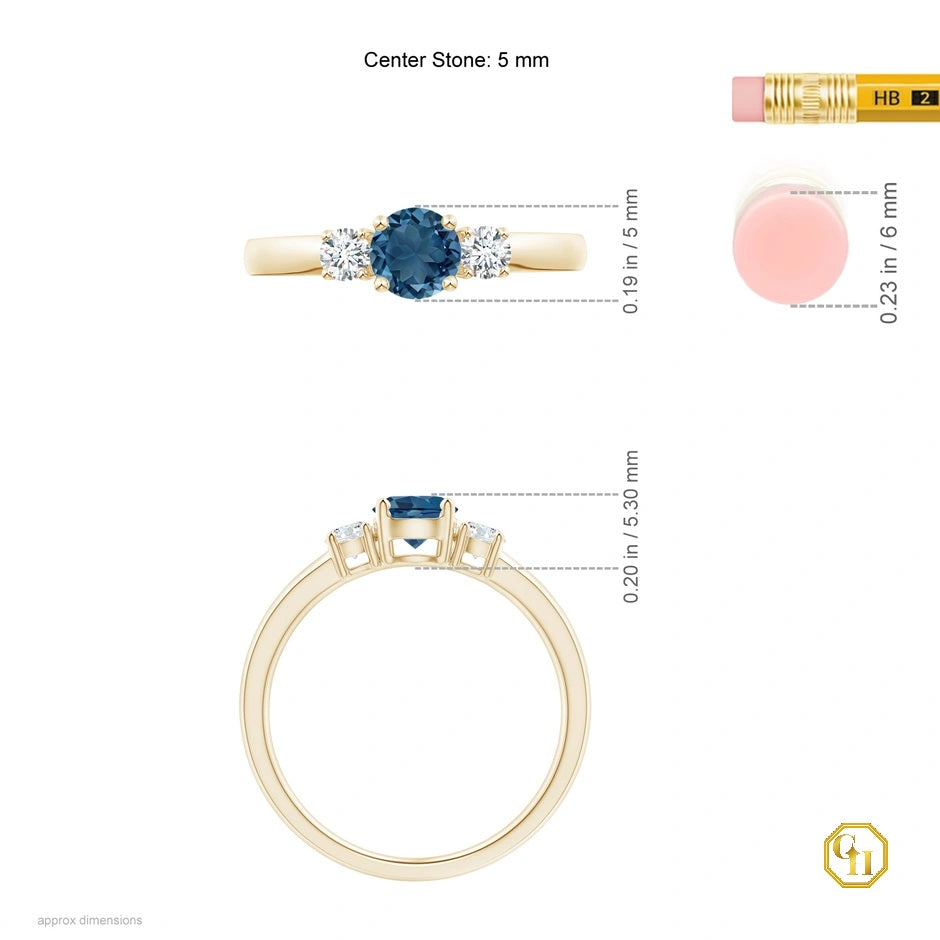 10k Gold London Blue Topaz and Diamond Ring Three Stone Engagement Birthstone Ring, Moissanite Ring