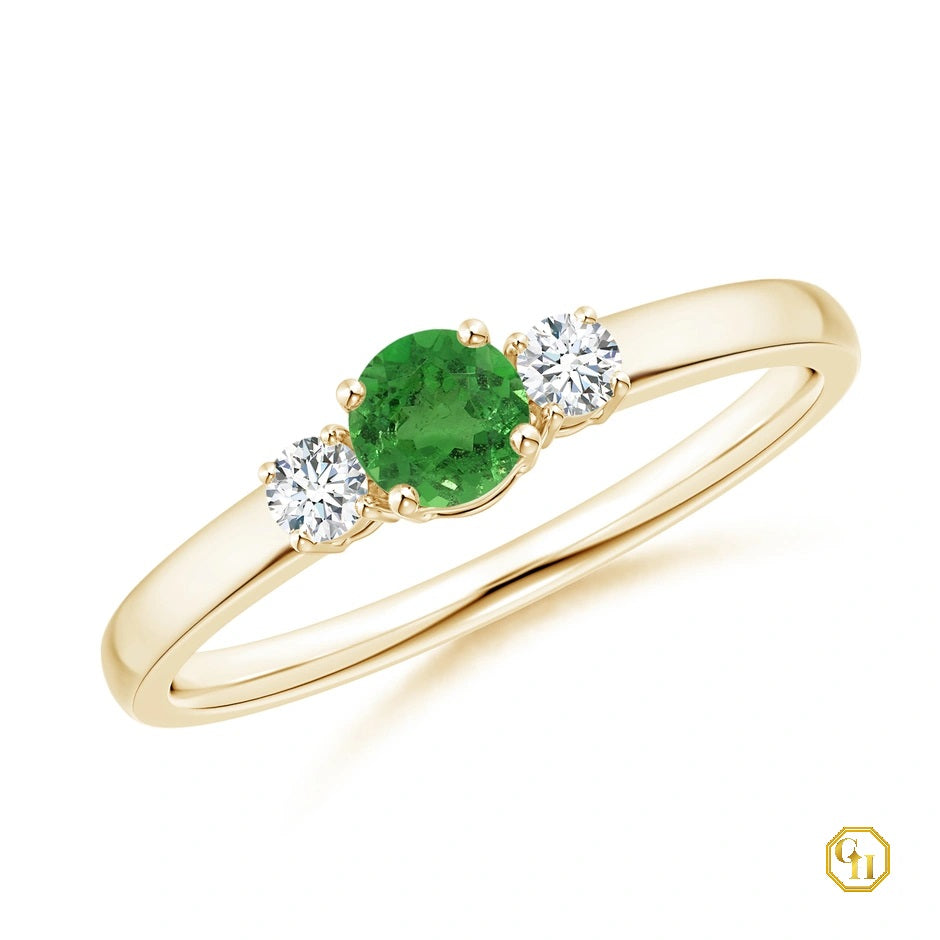 10k Rose Gold Tsavorite and Diamond Ring Three Stone Engagement Birthstone Ring, Moissanite Ring