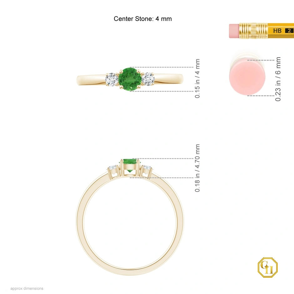 10k Rose Gold Tsavorite and Diamond Ring Three Stone Engagement Birthstone Ring, Moissanite Ring