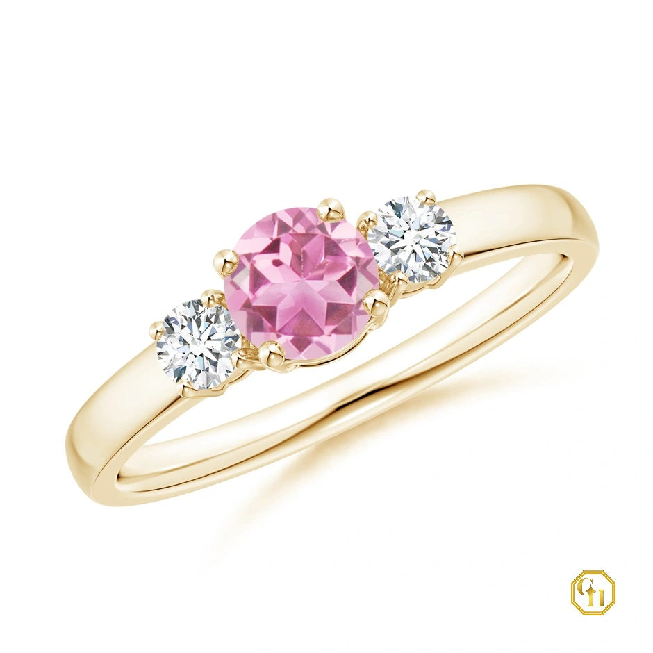 10k Gold Pink Tourmaline and Diamond Ring Three Stone Engagement Birthstone Ring, Moissanite Ring