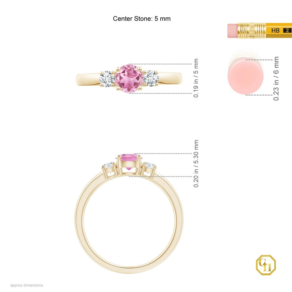 10k Gold Pink Tourmaline and Diamond Ring Three Stone Engagement Birthstone Ring, Moissanite Ring