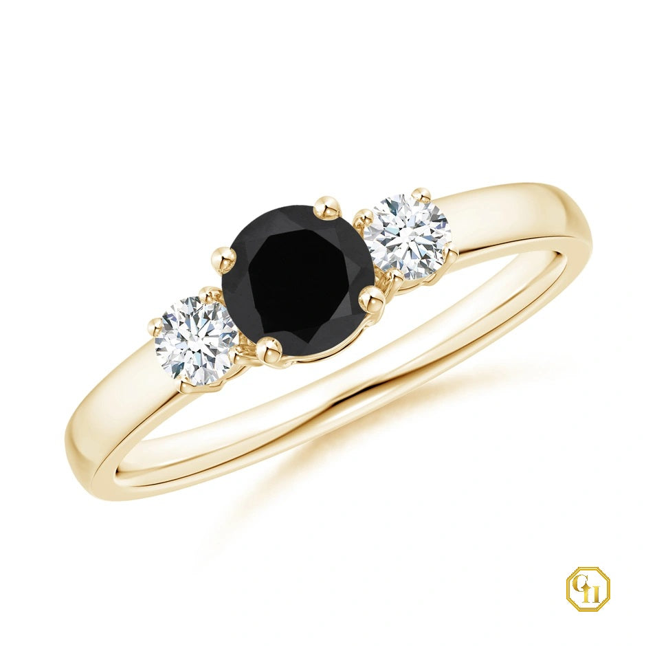 10k Rose Gold Ring Black Onyx and Diamond Ring Three Stone Engagement Birthstone Ring, Moissanite Ring