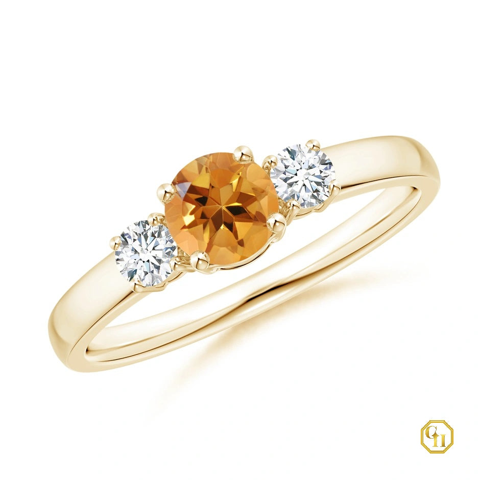 14k Caret Rose Gold Ring, Silver Citrine and Diamond Ring Three Stone Engagement Birthstone Ring, Moissanite Ring