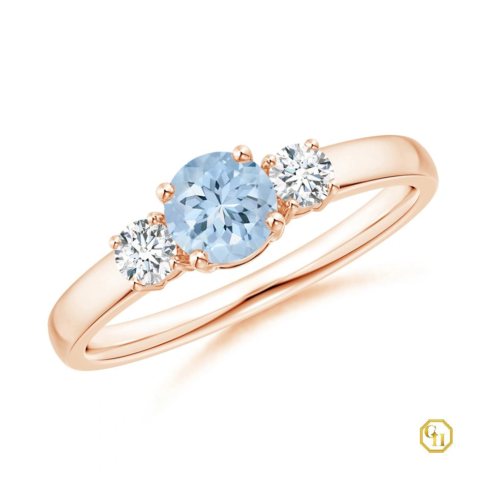 14k Rose Gold Ring Opal and Diamond Ring Three Stone Engagement Birthstone Ring, Moissanite Ring