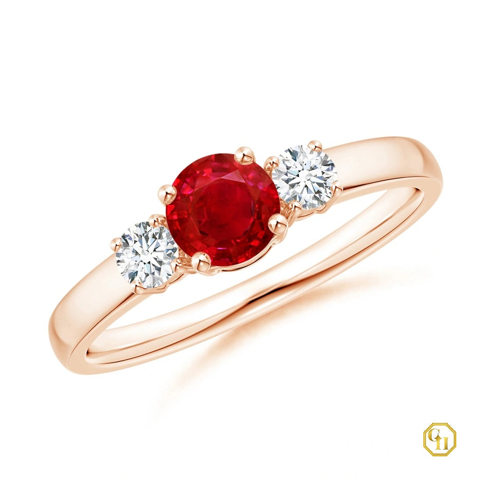 10k Gold Ruby and Diamond Ring Three Stone Engagement Birthstone Ring, Moissanite Ring
