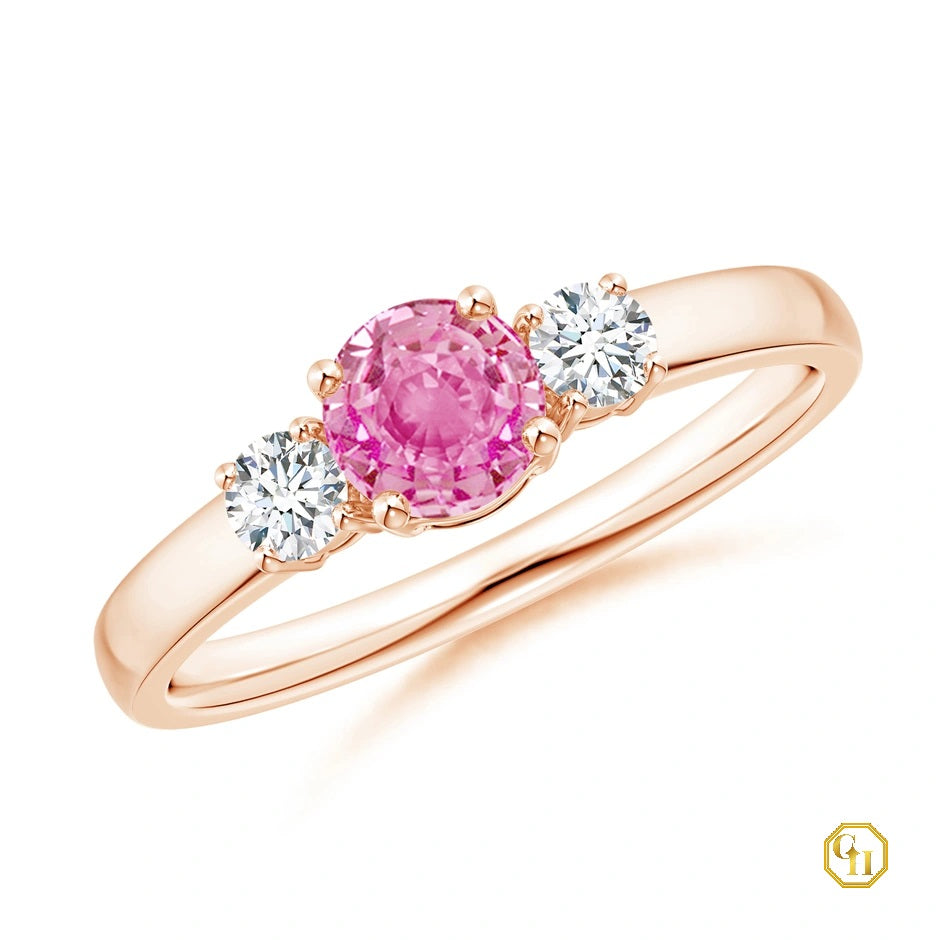18k Gold Pink Stone Ring Sapphire and Diamond Ring Three Stone Engagement Birthstone Ring, Moissanite Ring