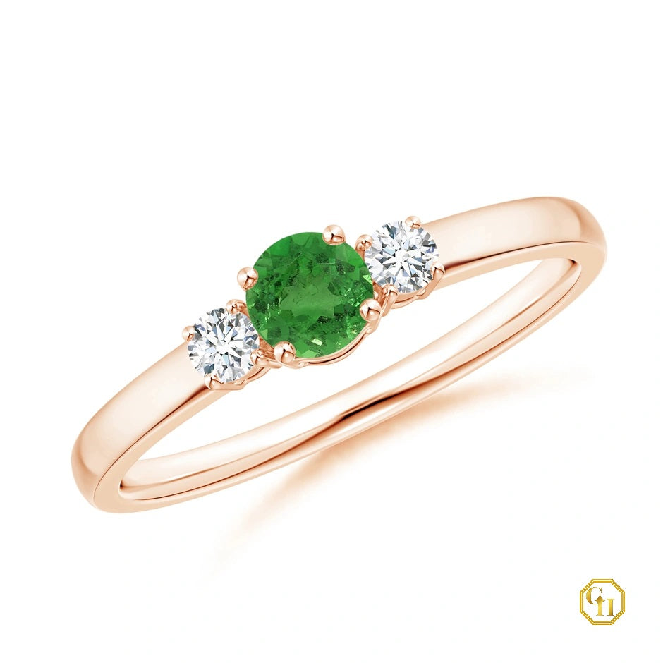 10k Rose Gold Tsavorite and Diamond Ring Three Stone Engagement Birthstone Ring, Moissanite Ring
