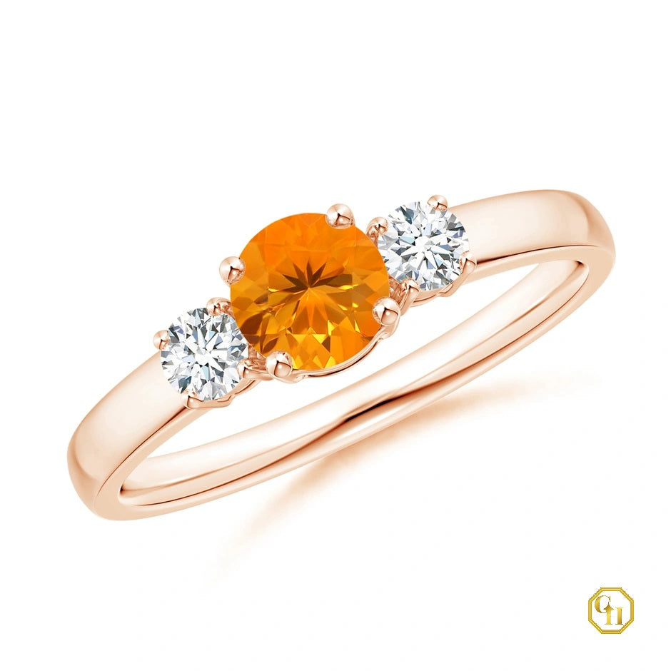 18k Gold Fire Opal and Diamond Ring Three Stone Engagement Birthstone Ring, Moissanite Ring