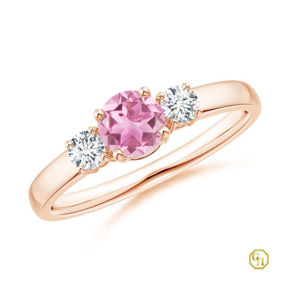 10k Gold Pink Tourmaline and Diamond Ring Three Stone Engagement Birthstone Ring, Moissanite Ring
