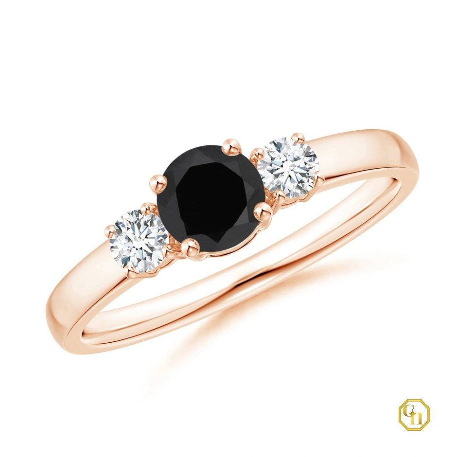 10k Rose Gold Ring Black Onyx and Diamond Ring Three Stone Engagement Birthstone Ring, Moissanite Ring