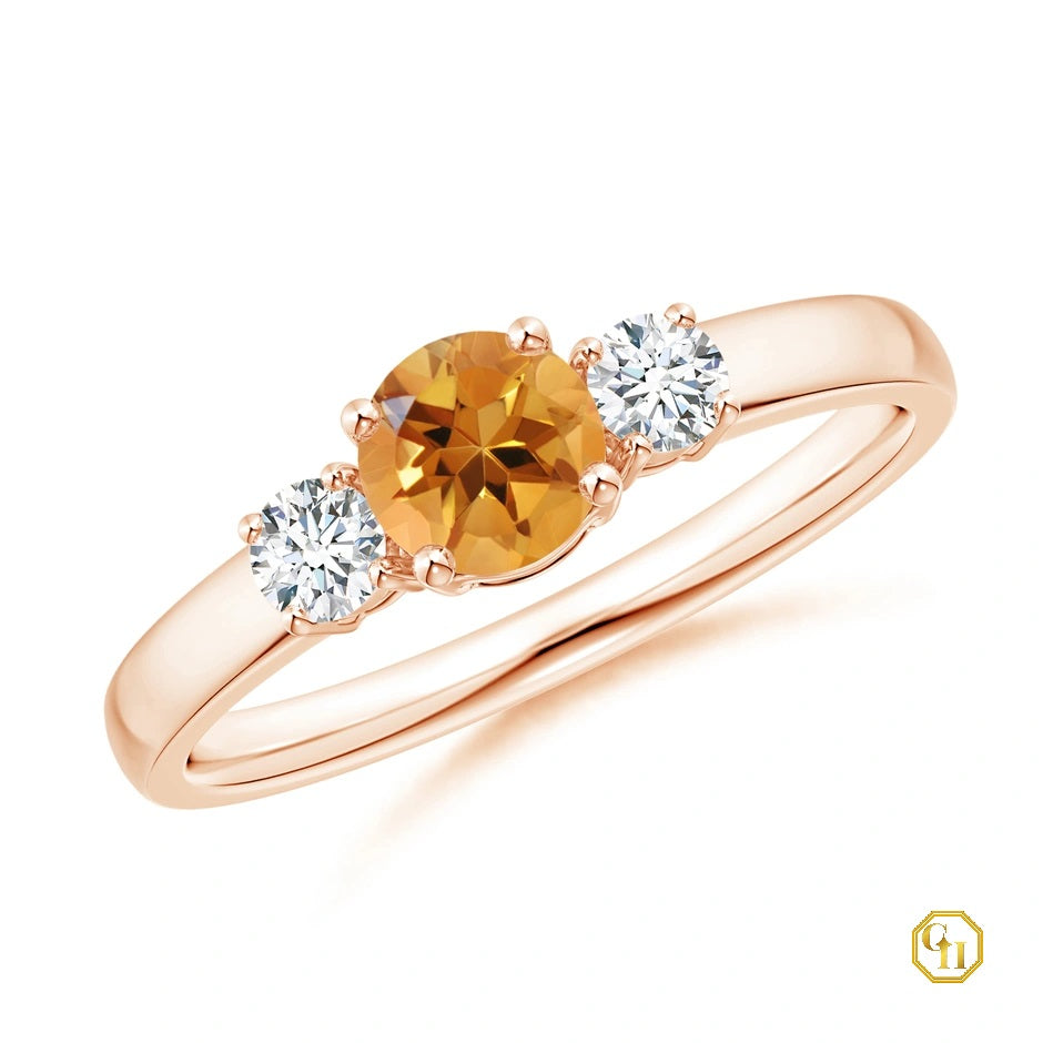 14k Caret Rose Gold Ring, Silver Citrine and Diamond Ring Three Stone Engagement Birthstone Ring, Moissanite Ring