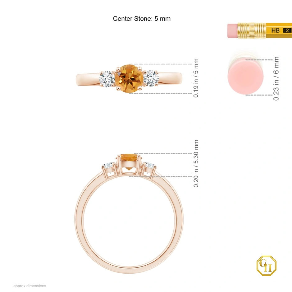 14k Caret Rose Gold Ring, Silver Citrine and Diamond Ring Three Stone Engagement Birthstone Ring, Moissanite Ring