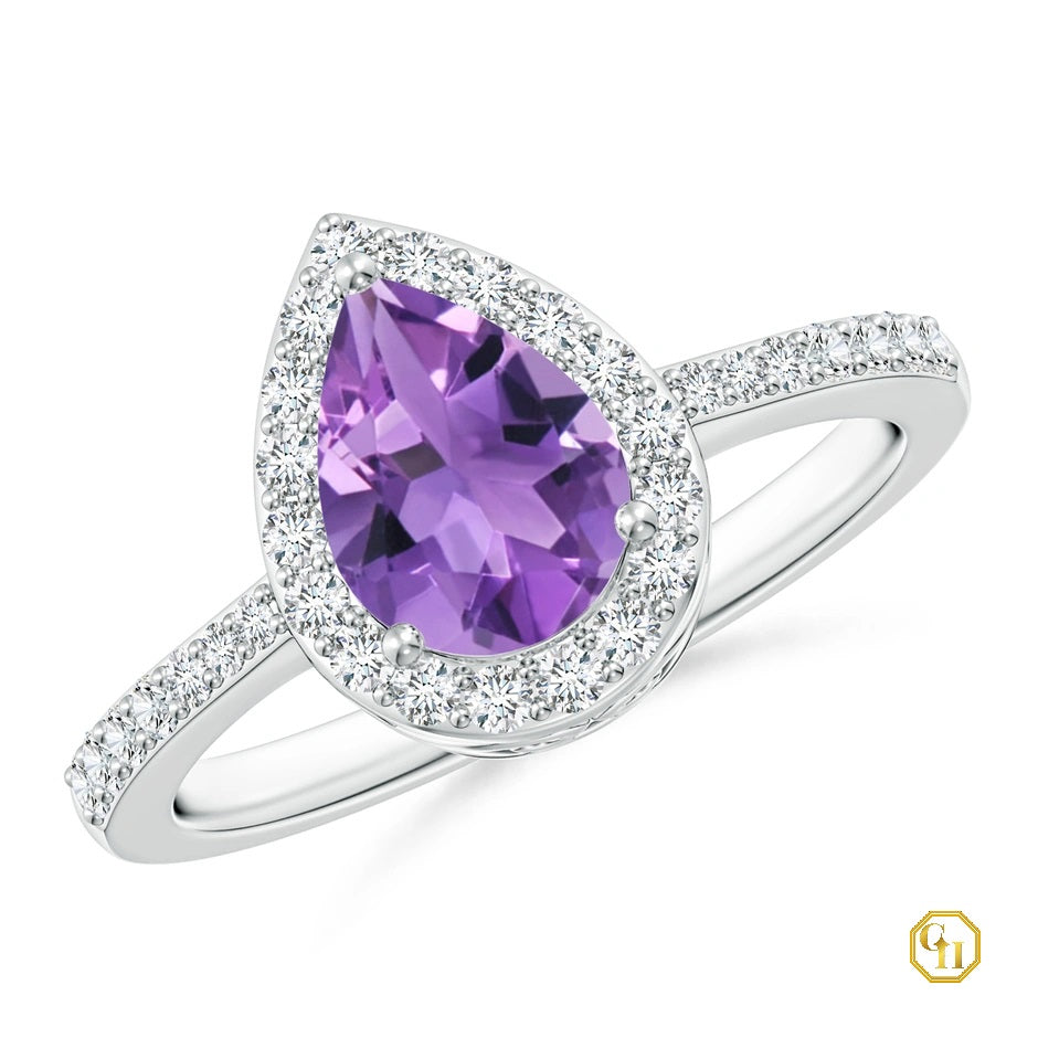 14k Slid Gold Pear Cut Amethyst Ring with Purple Diamond Halo Ring, Moissanite Engagement Ring, Wedding Birthstone Ring
