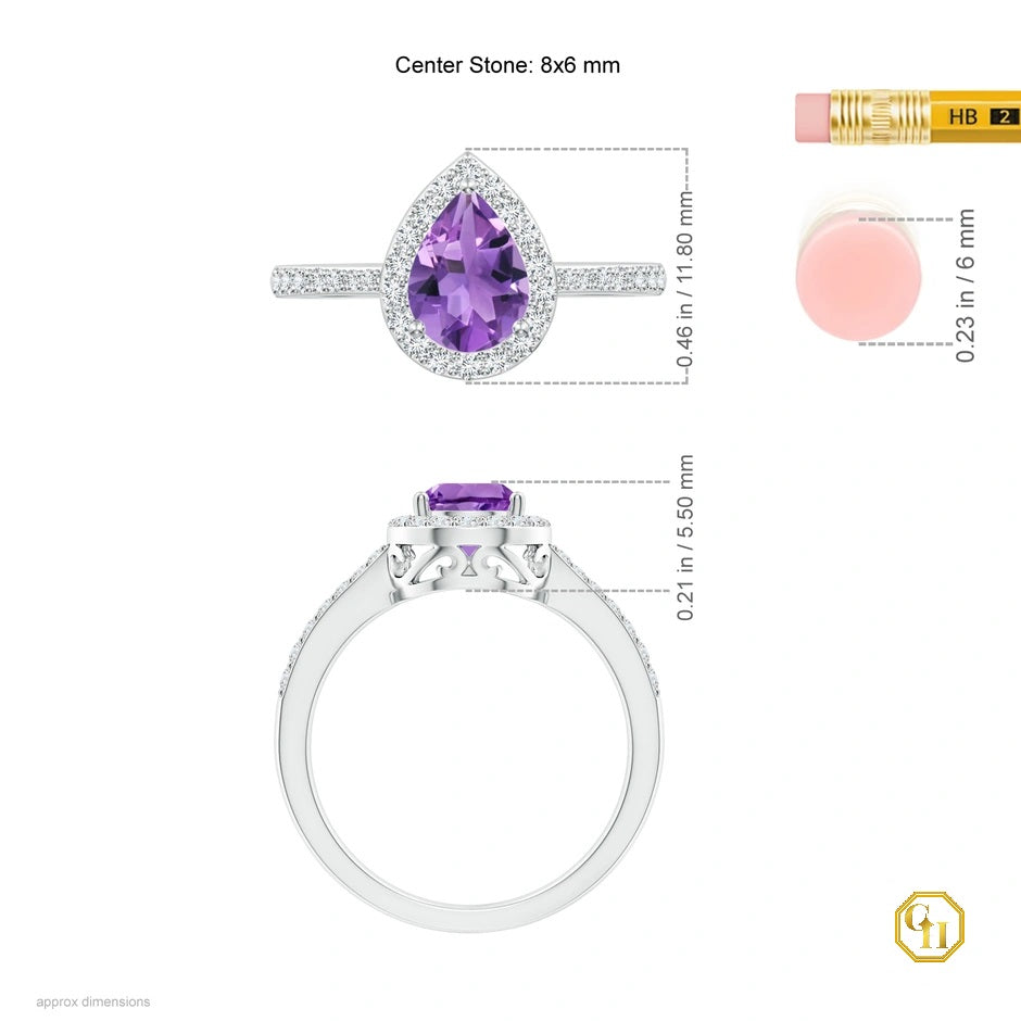 14k Slid Gold Pear Cut Amethyst Ring with Purple Diamond Halo Ring, Moissanite Engagement Ring, Wedding Birthstone Ring