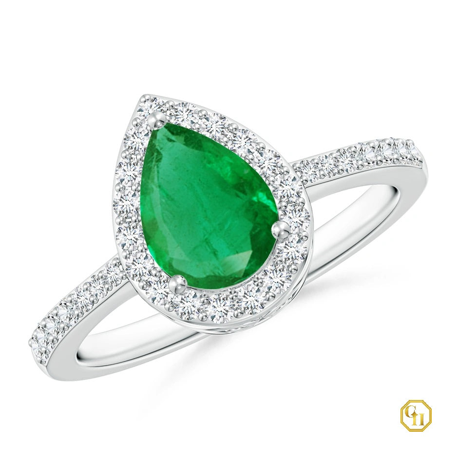 Green Stone Pear Emerald Ring with Diamond Halo Ring, 14k Solid Gold Ring, Birthstone Engagement Ring, for Women