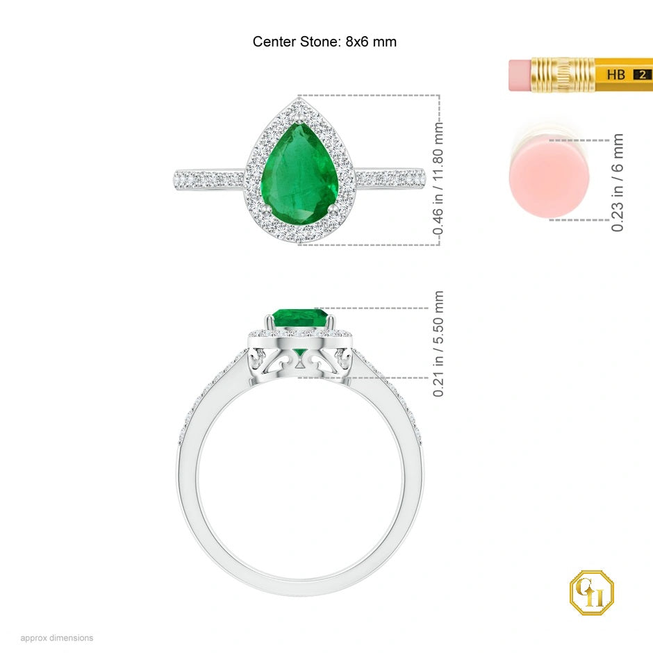 Green Stone Pear Emerald Ring with Diamond Halo Ring, 14k Solid Gold Ring, Birthstone Engagement Ring, for Women