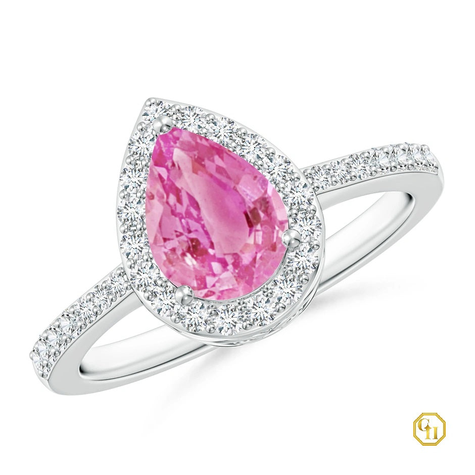 Pink Sapphire Pear Cut Ring with Diamond Halo Ring, Engagement Ring, Pear Pink Sapphire Gemstone Ring Moissanite Ring