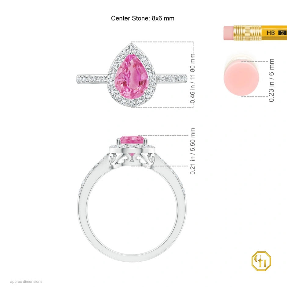 Pink Sapphire Pear Cut Ring with Diamond Halo Ring, Engagement Ring, Pear Pink Sapphire Gemstone Ring Moissanite Ring