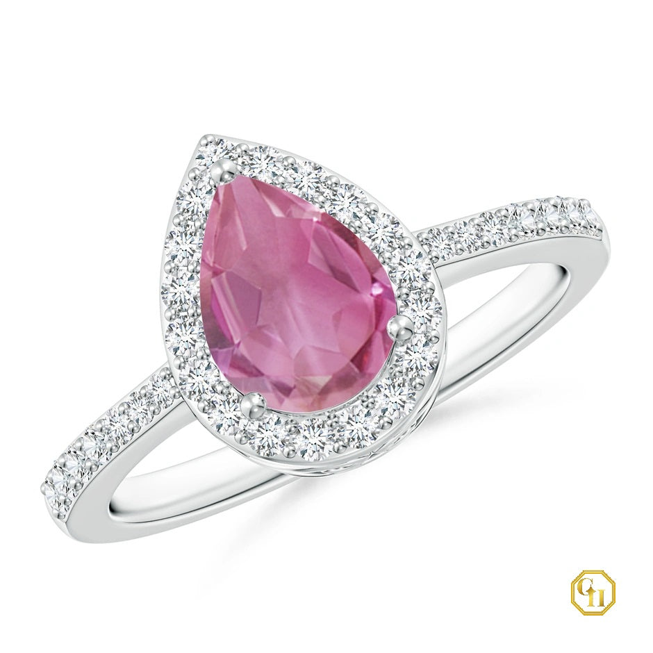 14k Rose Gold Ring Pink Tourmaline with Diamond Halo Ring, Wedding Ring, Tourmaline Birthstone Ring Moissanite Ring For Women