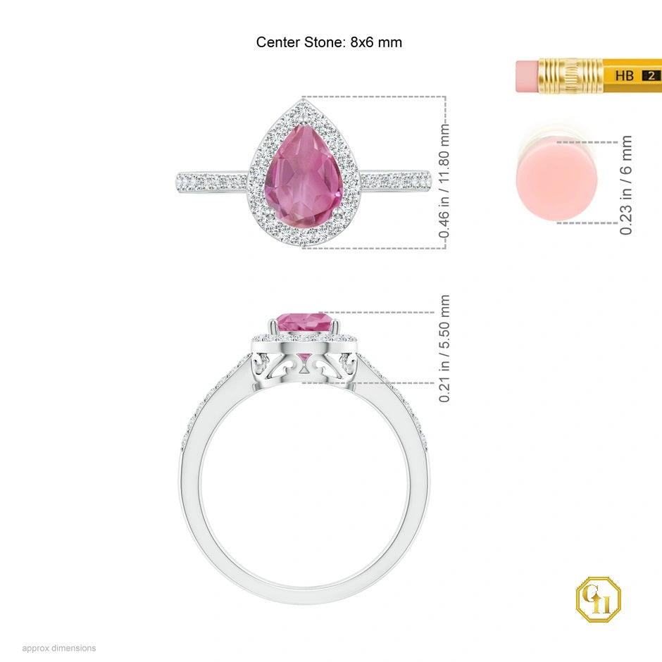 14k Rose Gold Ring Pink Tourmaline with Diamond Halo Ring, Wedding Ring, Tourmaline Birthstone Ring Moissanite Ring For Women