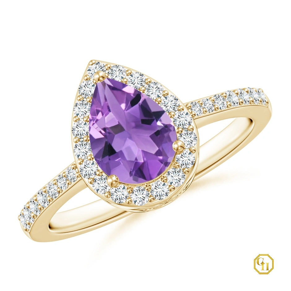 14k Slid Gold Pear Cut Amethyst Ring with Purple Diamond Halo Ring, Moissanite Engagement Ring, Wedding Birthstone Ring