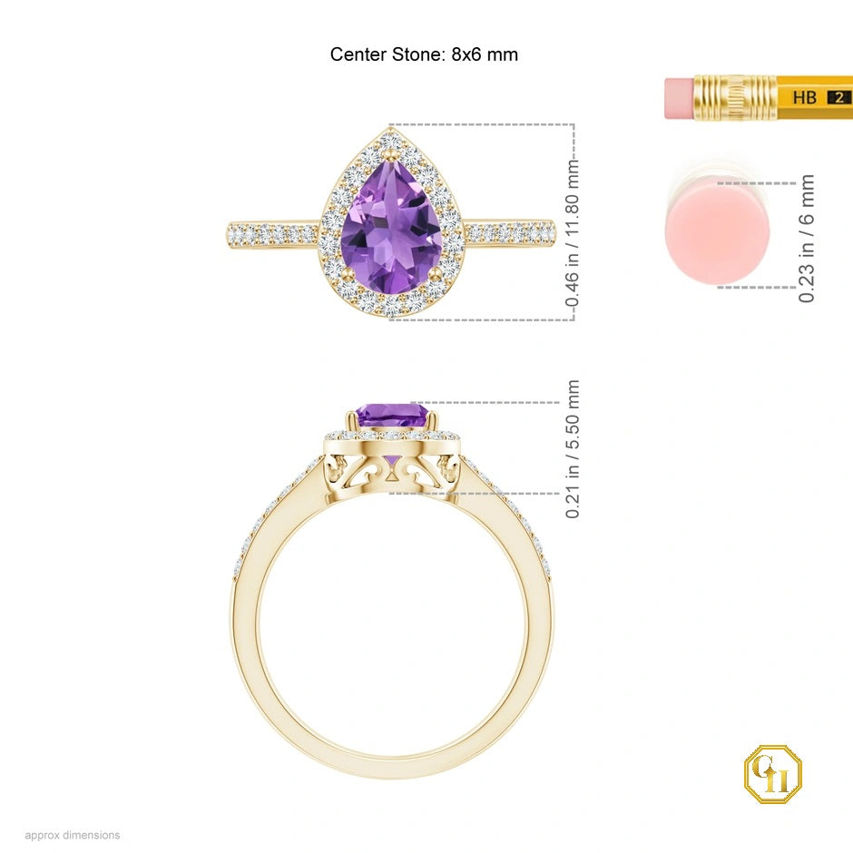 14k Slid Gold Pear Cut Amethyst Ring with Purple Diamond Halo Ring, Moissanite Engagement Ring, Wedding Birthstone Ring