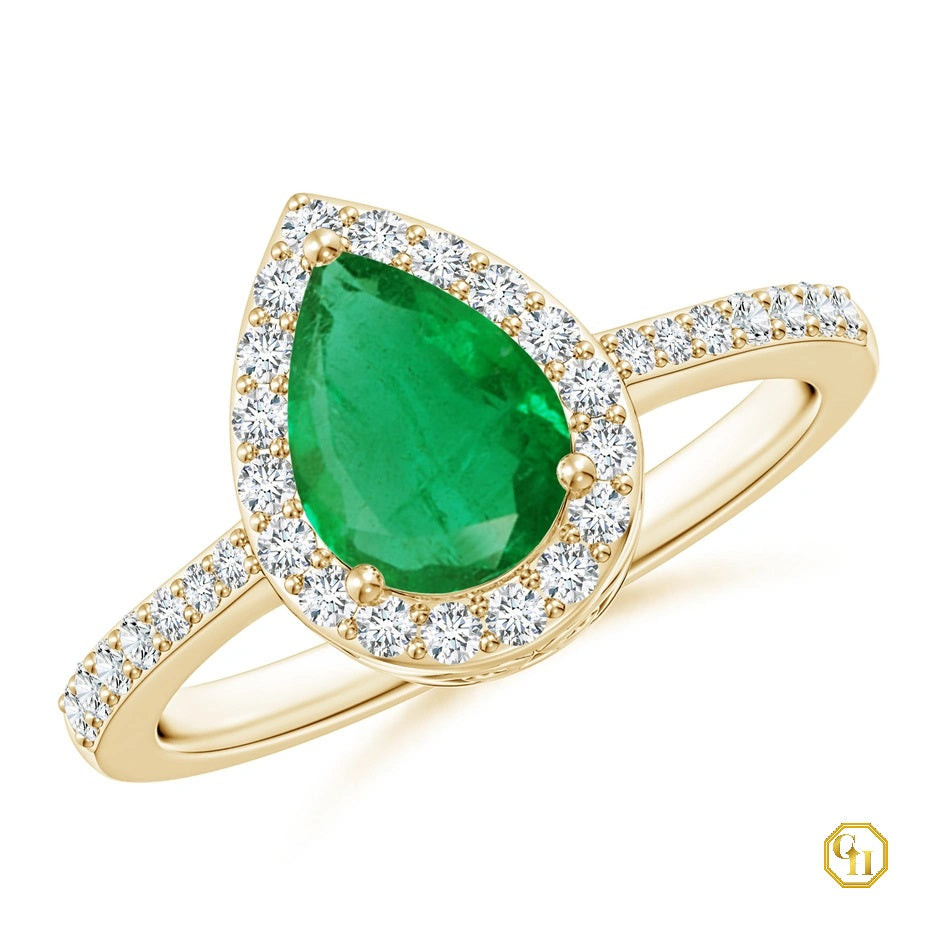Green Stone Pear Emerald Ring with Diamond Halo Ring, 14k Solid Gold Ring, Birthstone Engagement Ring, for Women