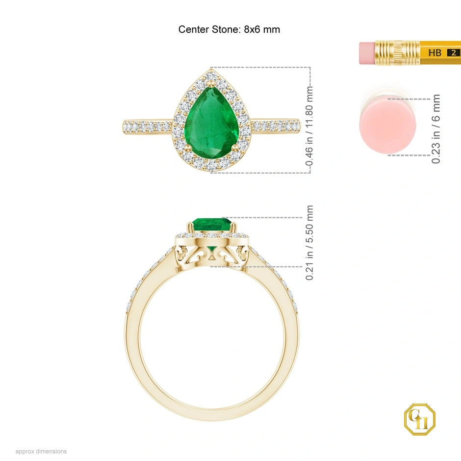 Green Stone Pear Emerald Ring with Diamond Halo Ring, 14k Solid Gold Ring, Birthstone Engagement Ring, for Women