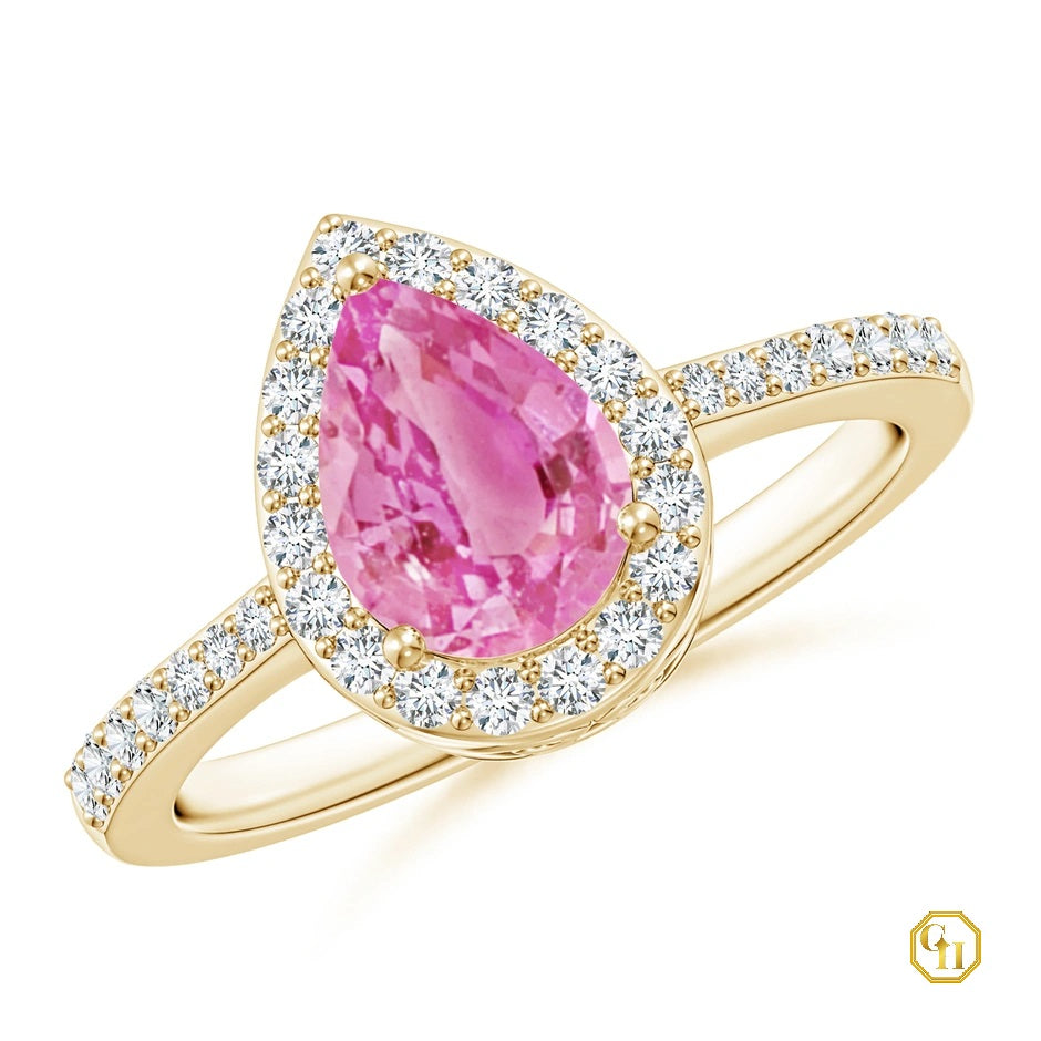 Pink Sapphire Pear Cut Ring with Diamond Halo Ring, Engagement Ring, Pear Pink Sapphire Gemstone Ring Moissanite Ring