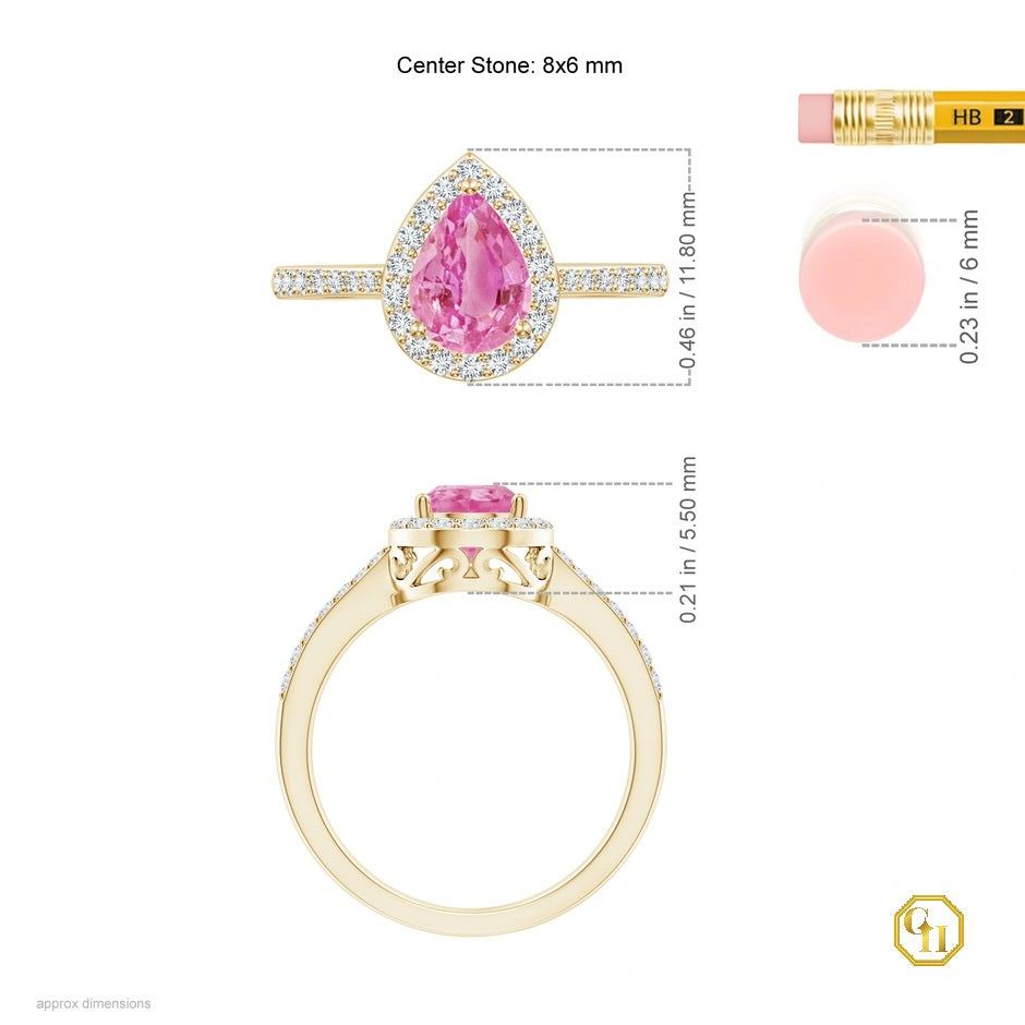Pink Sapphire Pear Cut Ring with Diamond Halo Ring, Engagement Ring, Pear Pink Sapphire Gemstone Ring Moissanite Ring