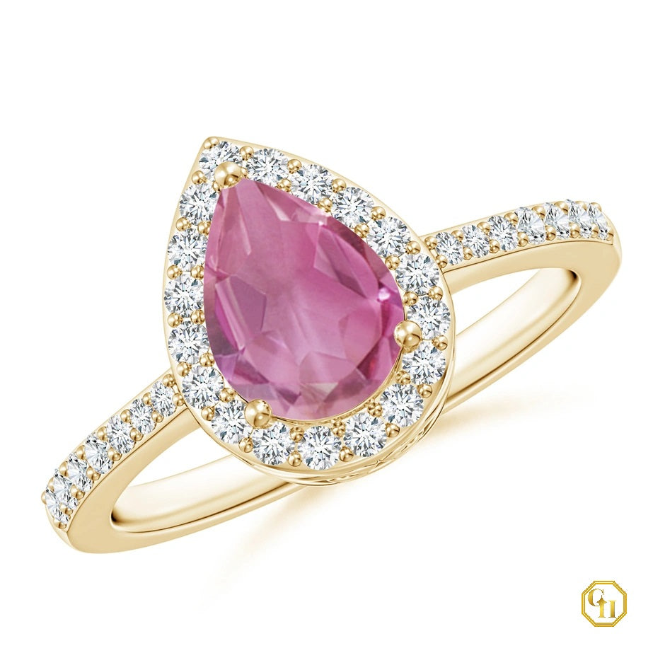 14k Rose Gold Ring Pink Tourmaline with Diamond Halo Ring, Wedding Ring, Tourmaline Birthstone Ring Moissanite Ring For Women
