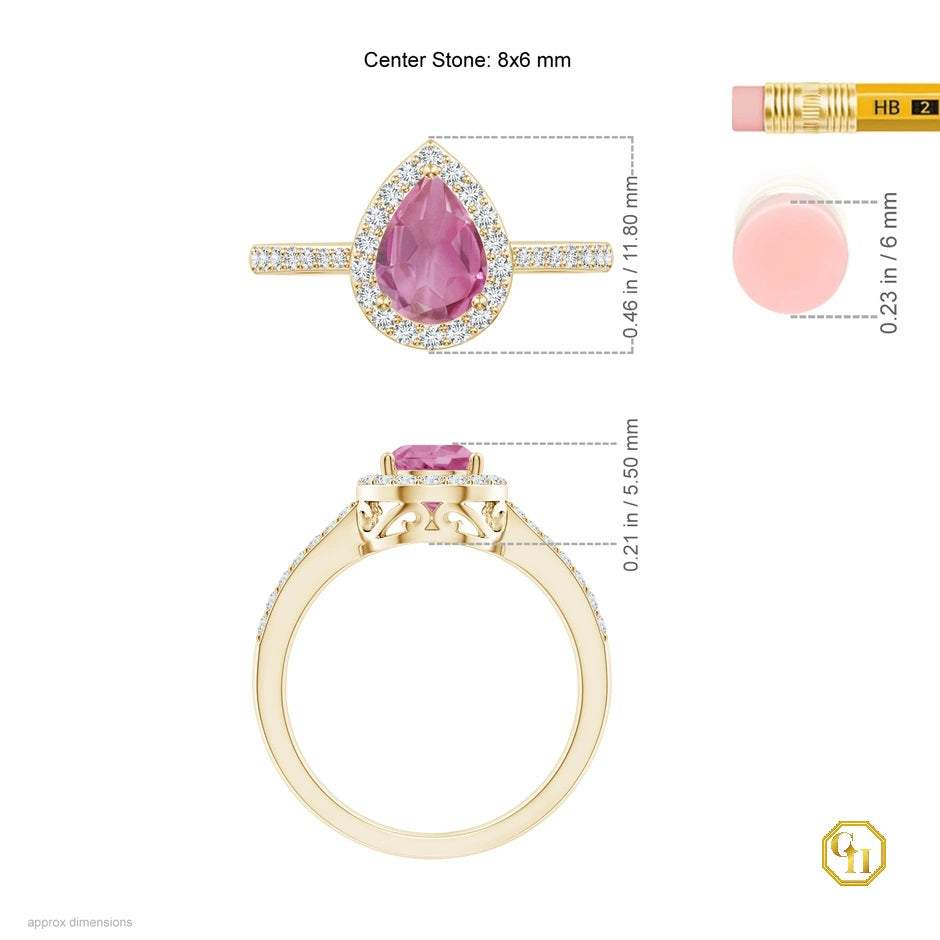 14k Rose Gold Ring Pink Tourmaline with Diamond Halo Ring, Wedding Ring, Tourmaline Birthstone Ring Moissanite Ring For Women