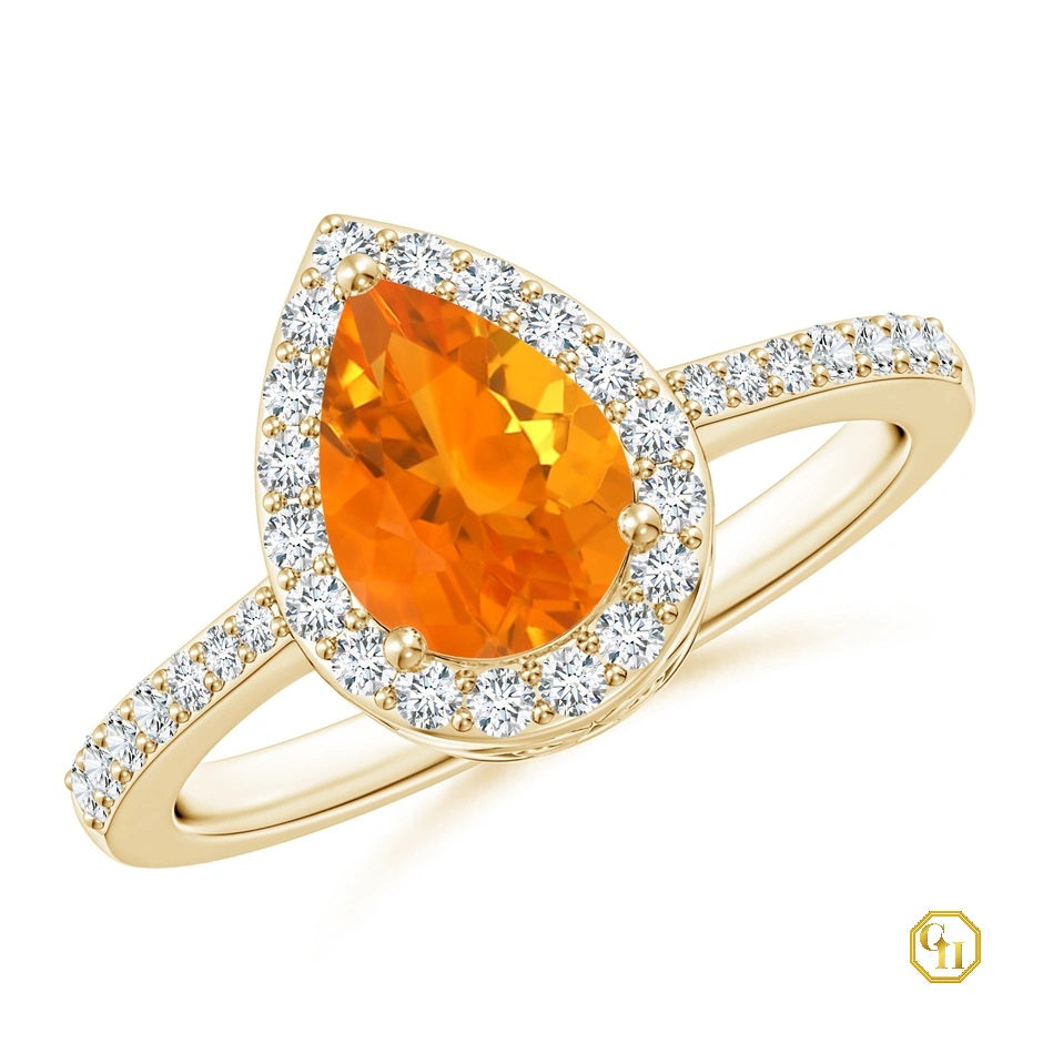 Pear cut Ring with Diamond Halo, Moissanite Engagement Ring, Fire Opal Wedding Ring Birthstone Ring For Women